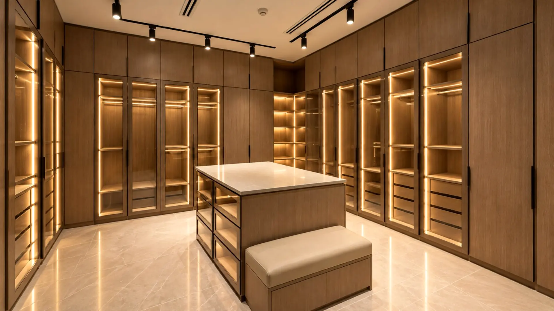 A modern walk-in closet with floor-to-ceiling oak cabinets, illuminated glass doors, a marble-topped island and a cream upholstered bench.