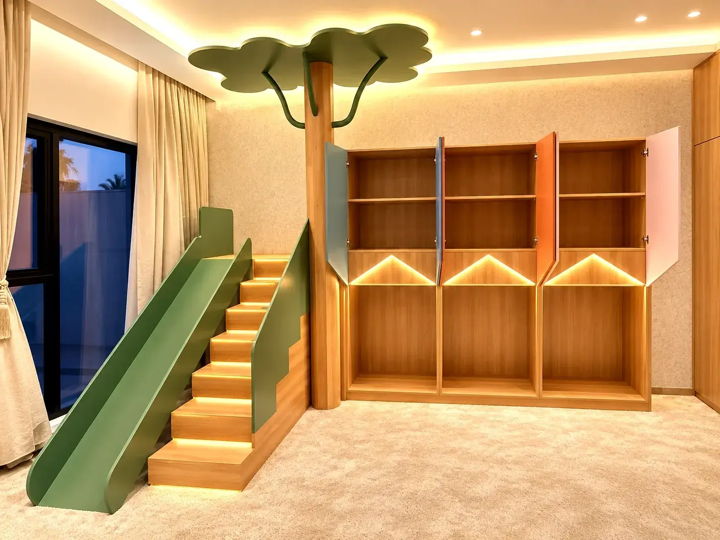 Children’s bedroom joinery with house-shaped shelving, illuminated niches and an indoor slide.