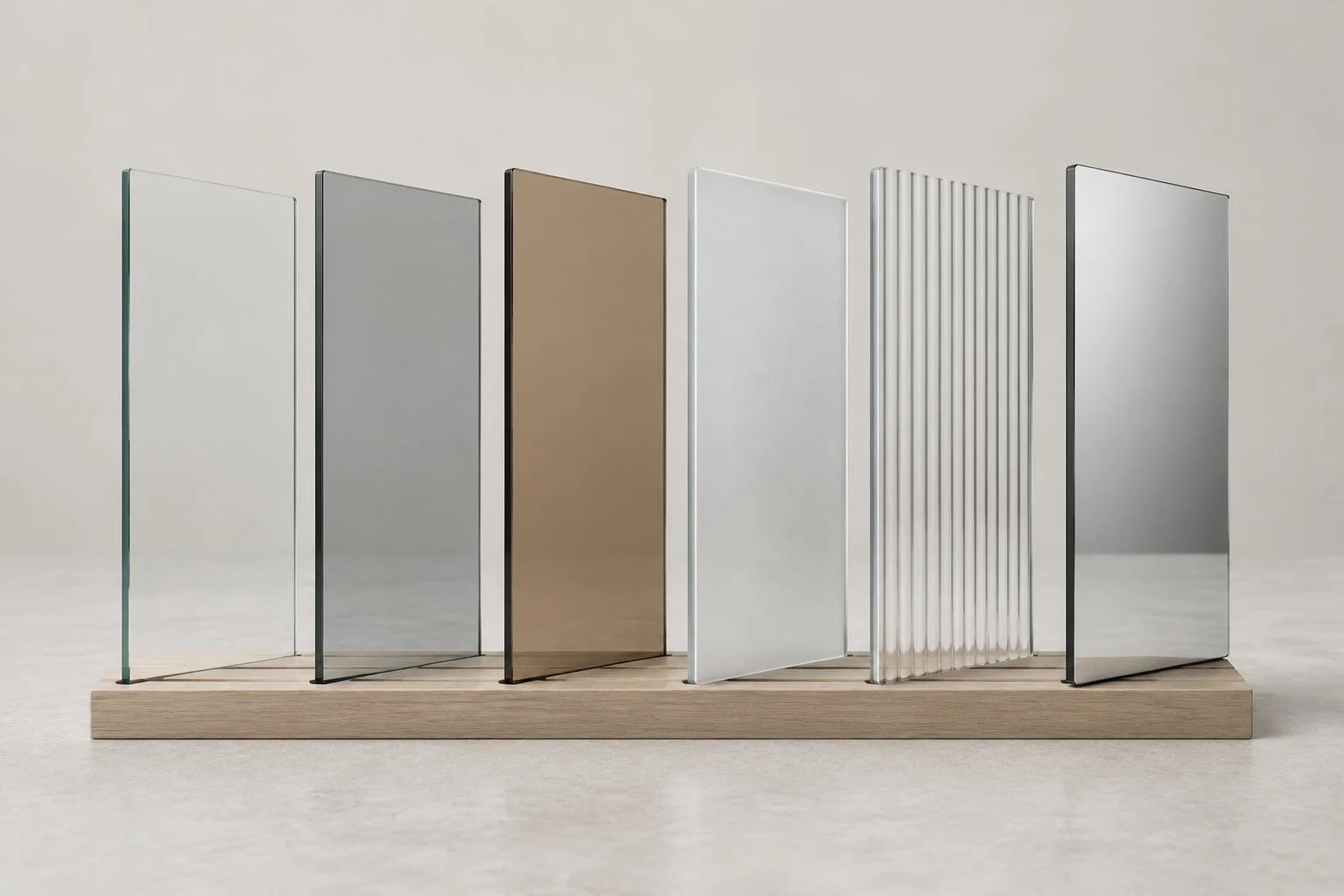 Illustration of clear, grey, bronze, frosted and fluted glass beside a mirror panel.