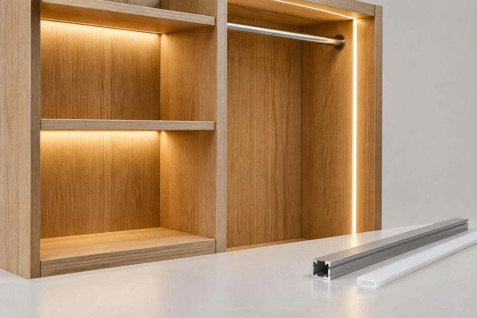 Illustration of warm LED lighting in wardrobe shelves and a hanging section.