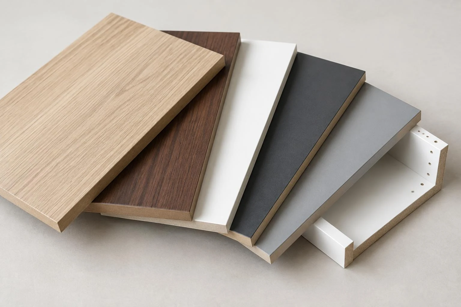 Illustration of wood-look, white and matte MDF and melamine board finishes.