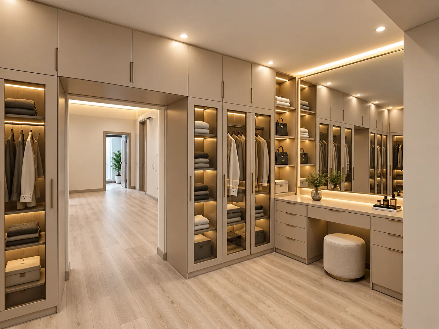 Open wardrobe storage with illuminated shelves and a central dressing table.